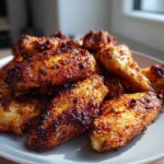 A close-up of a pile of golden brown, crispy baked chicken wings seasoned with spices.