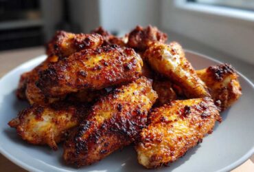 A close-up of a pile of golden brown, crispy baked chicken wings seasoned with spices.