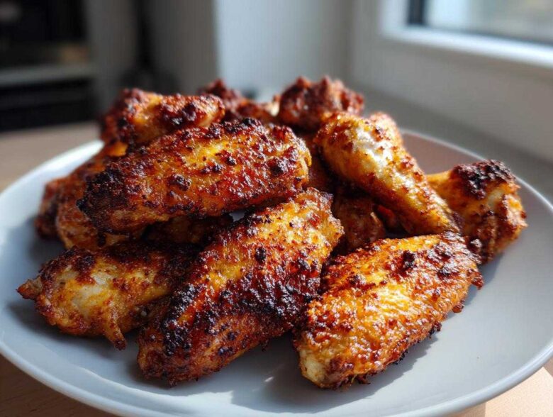 A close-up of a pile of golden brown, crispy baked chicken wings seasoned with spices.