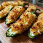 Close-up of several baked jalapeño poppers stuffed with cream cheese and topped with golden, crispy breadcrumbs.