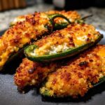 Close-up of several golden-brown, baked jalapeño poppers filled with creamy cheese and topped with crispy breadcrumbs.
