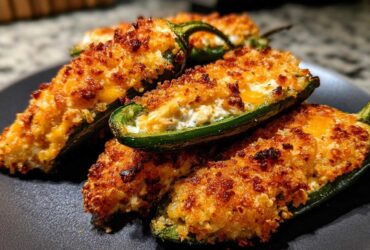 Close-up of several golden-brown, baked jalapeño poppers filled with creamy cheese and topped with crispy breadcrumbs.