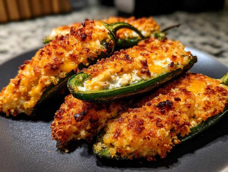 Close-up of several golden-brown, baked jalapeño poppers filled with creamy cheese and topped with crispy breadcrumbs.