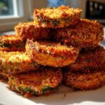 A stack of golden brown, crispy baked parmesan zucchini slices piled high on a white plate.