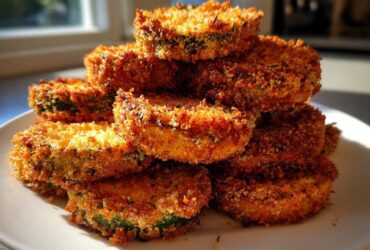 A stack of golden brown, crispy baked parmesan zucchini slices piled high on a white plate.
