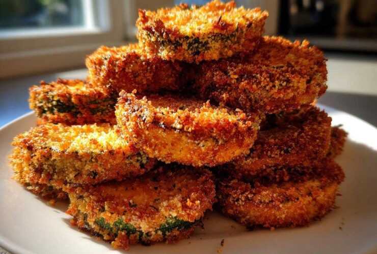 A stack of golden brown, crispy baked parmesan zucchini slices piled high on a white plate.