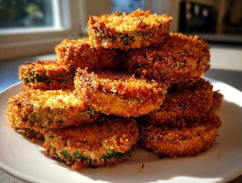 A stack of golden brown, crispy baked parmesan zucchini slices piled high on a white plate.