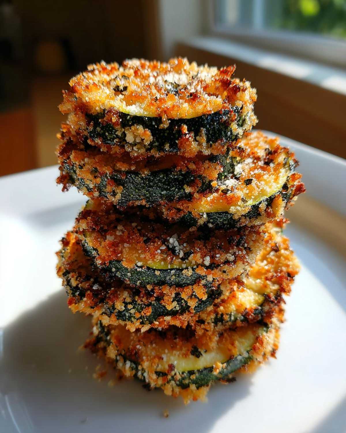 A vertical stack of four crispy, golden-brown baked parmesan zucchini slices on a white plate.