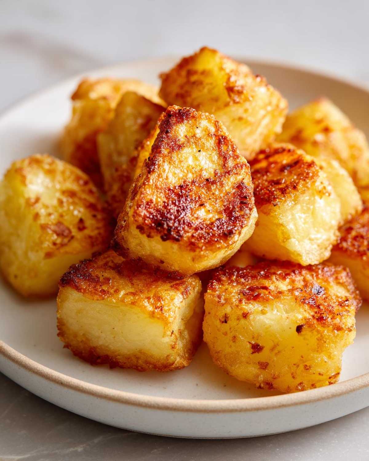 Close-up of perfectly crispy, golden brown breakfast potatoes piled on a light-colored plate.