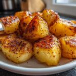 Close-up of golden brown, crispy breakfast potatoes seasoned with spices, served on a white plate.