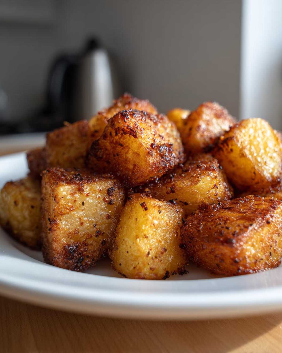 Close-up of perfectly crispy, golden-brown seasoned breakfast potatoes piled high on a white plate.