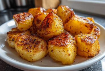 Close-up of golden brown, crispy breakfast potatoes seasoned with spices, served on a white plate.