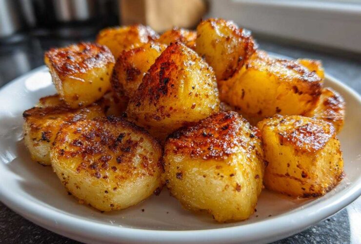 Close-up of golden brown, crispy breakfast potatoes seasoned with spices, served on a white plate.