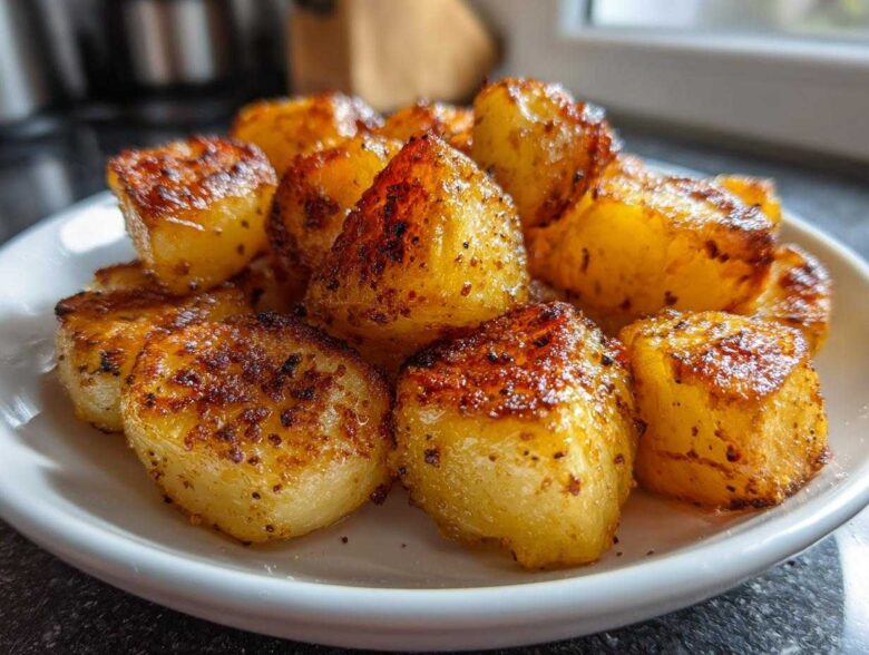 Close-up of golden brown, crispy breakfast potatoes seasoned with spices, served on a white plate.