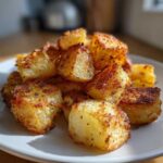 A close-up of perfectly golden and crispy breakfast potatoes piled on a white plate.