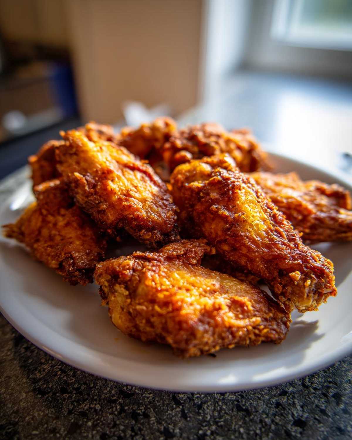 Close-up of several golden brown, crispy chicken wings piled on a white plate, highlighting their texture.