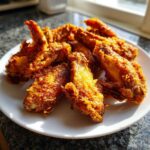 A pile of golden brown, crispy chicken wings glistening under sunlight on a white plate.