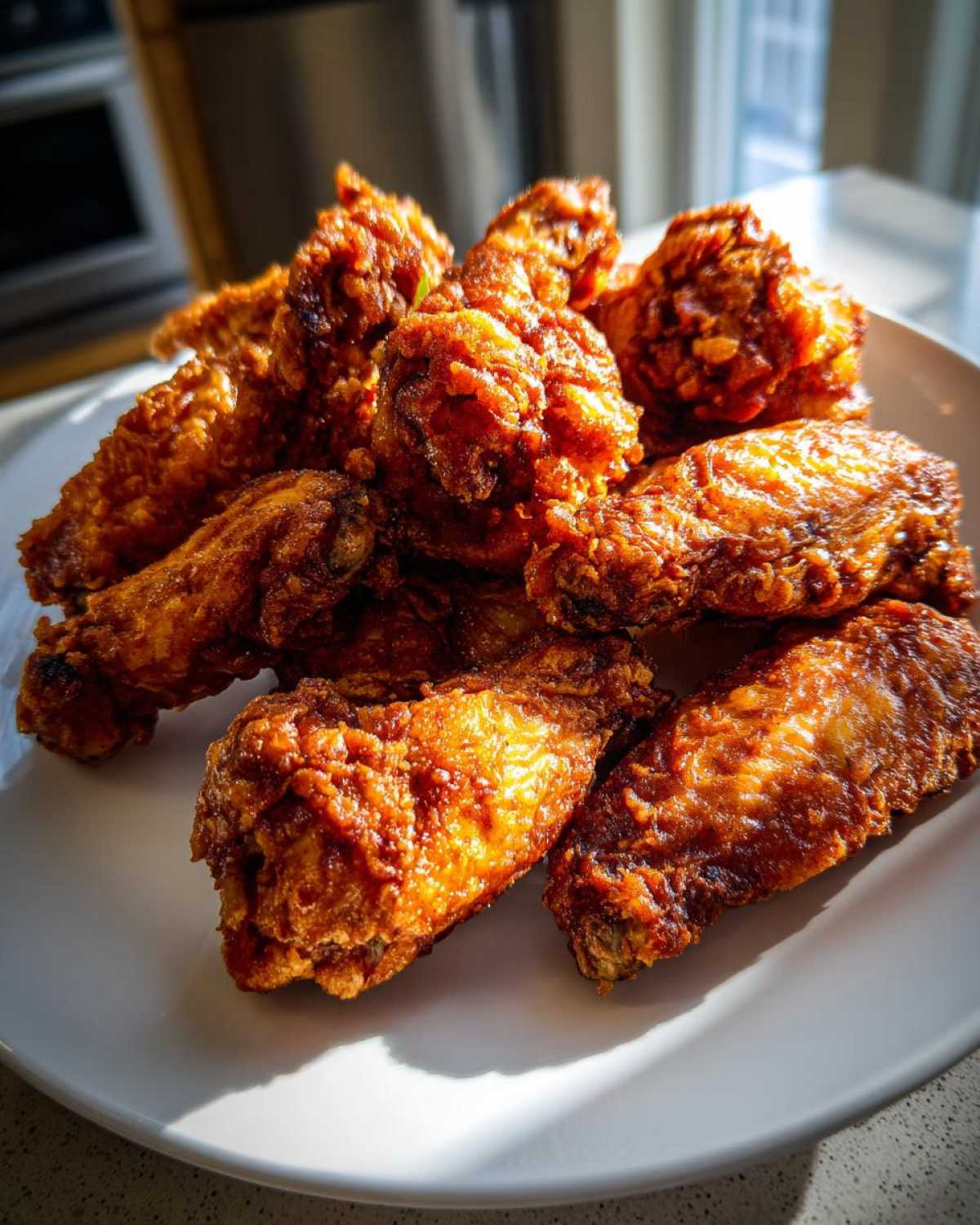 A pile of golden-brown, crispy fried chicken wings glistening under bright sunlight on a white plate.