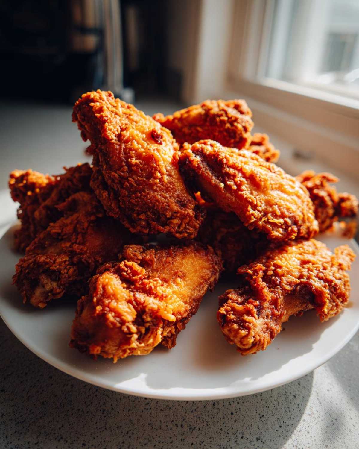 A mound of golden brown, crispy fried chicken wings piled high on a white plate, highlighted by sunlight.