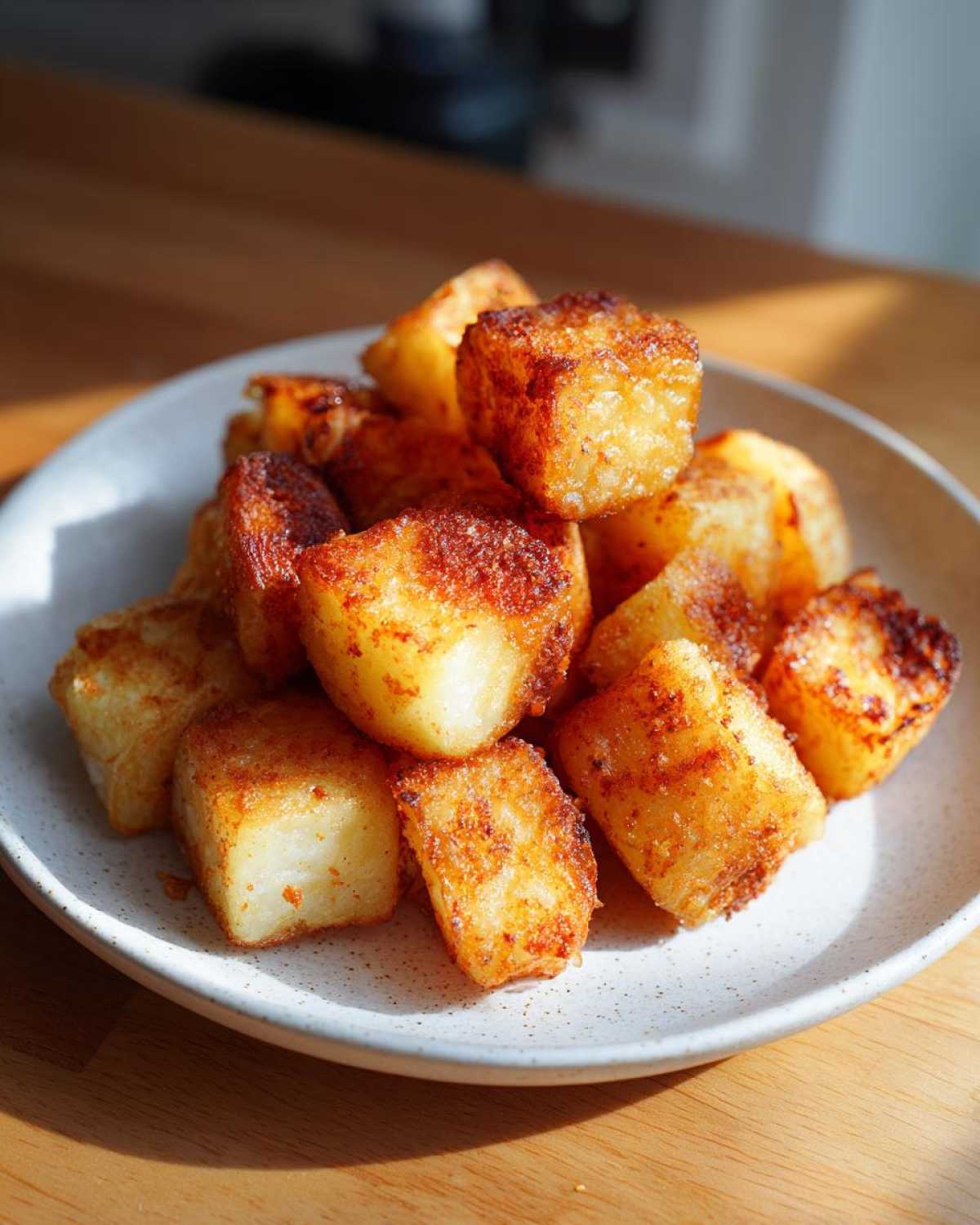 A pile of golden brown, crispy cubed breakfast potatoes served on a speckled white plate.