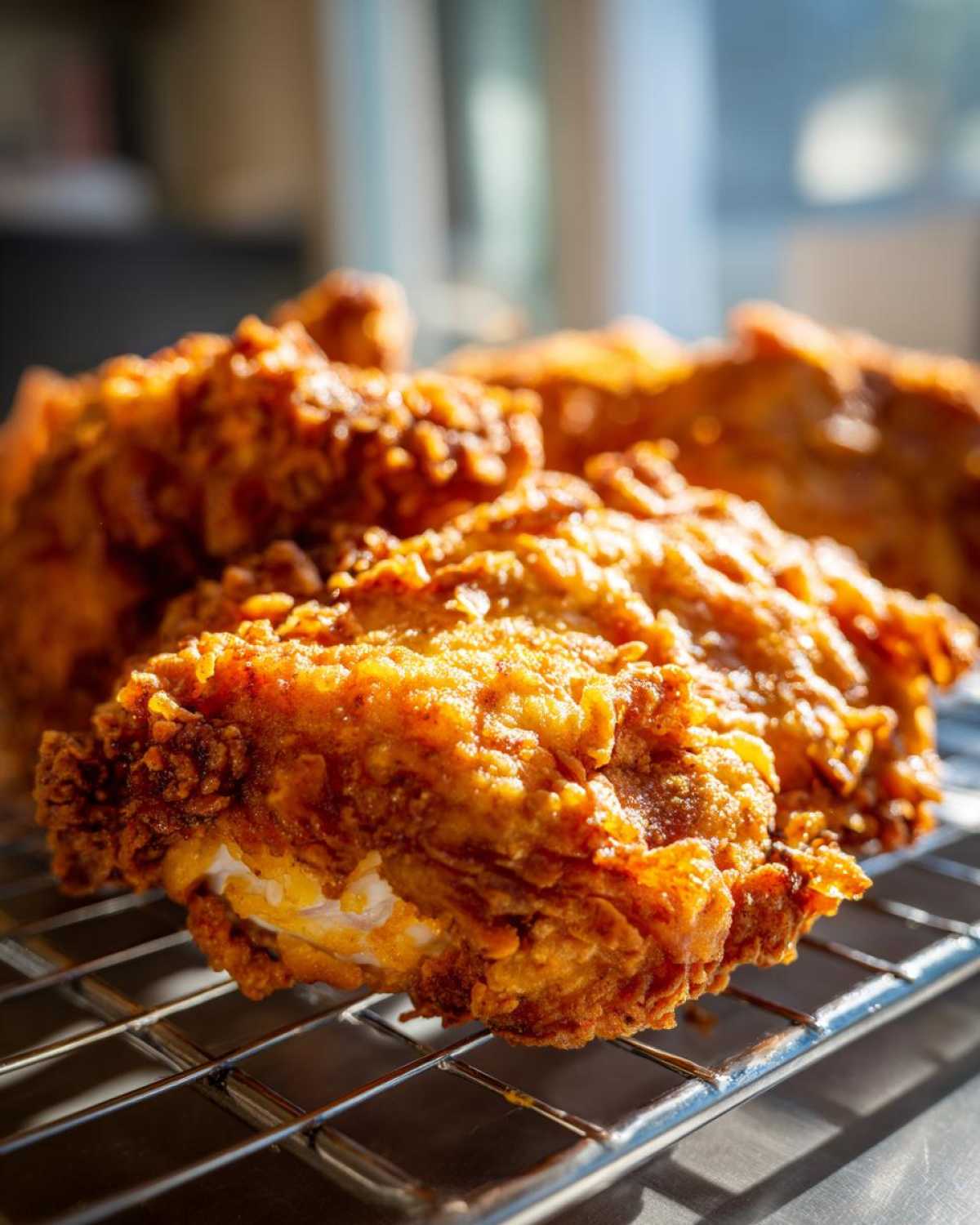 Close-up of perfectly cooked, crispy fried chicken resting on a wire cooling rack, showing its golden brown crust.