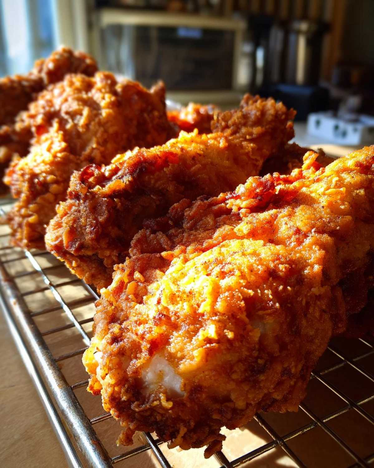 Close-up of several pieces of golden brown, crispy fried chicken resting on a wire cooling rack.