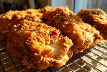 Close-up of several pieces of perfectly cooked, crispy fried chicken resting on a metal cooling rack.
