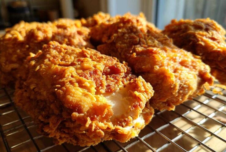 Close-up of several pieces of perfectly cooked, crispy fried chicken resting on a metal cooling rack.