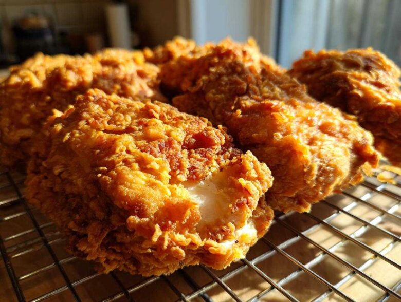 Close-up of several pieces of perfectly cooked, crispy fried chicken resting on a metal cooling rack.