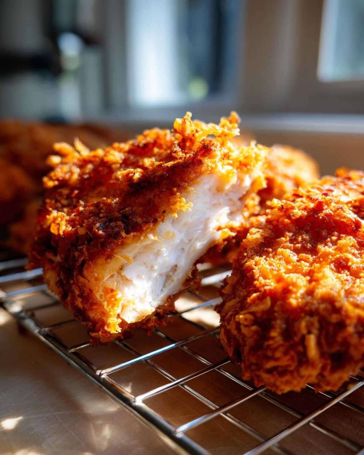 Close-up of perfectly cooked fried chicken, showing the juicy white interior and extra crispy, golden-brown coating.