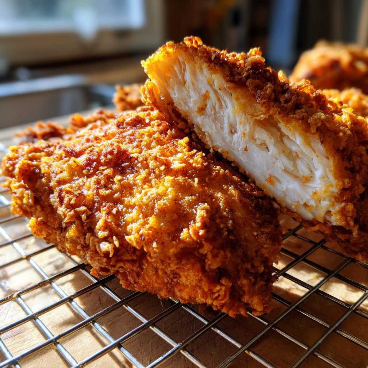 Close-up of perfectly cooked fried chicken, sliced open to show the moist white meat inside the crispy coating.