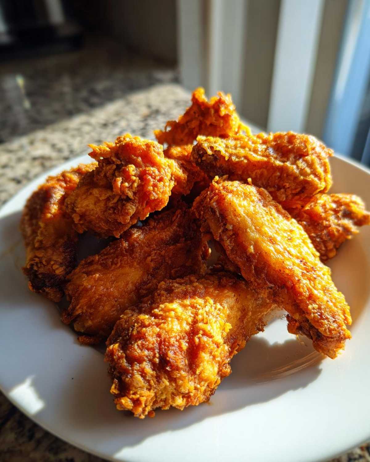 A close-up of several golden brown, crispy fried chicken wings piled high on a white plate.