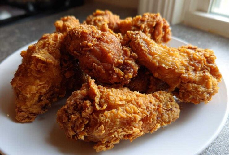 A close-up of several golden-brown, crispy fried chicken wings piled high on a white plate.