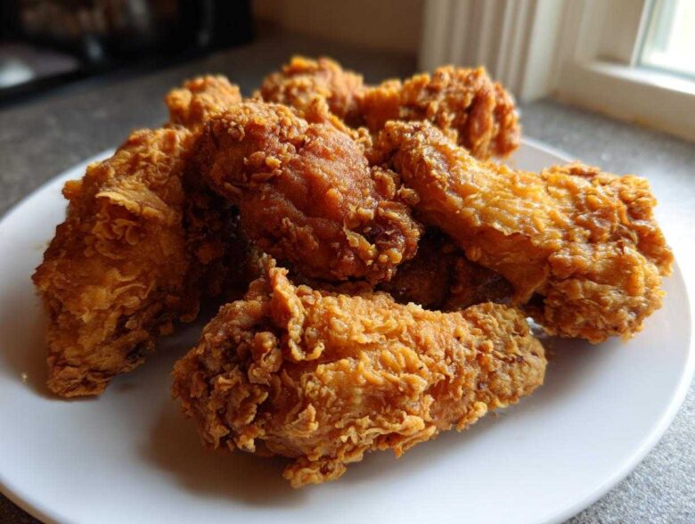 A close-up of several golden-brown, crispy fried chicken wings piled high on a white plate.
