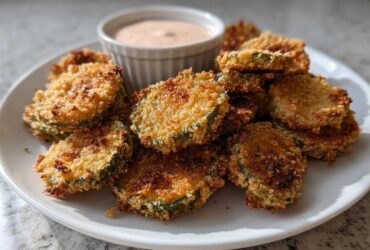 A plate piled high with golden brown, crispy fried pickles served with a small ramekin of creamy dipping sauce.