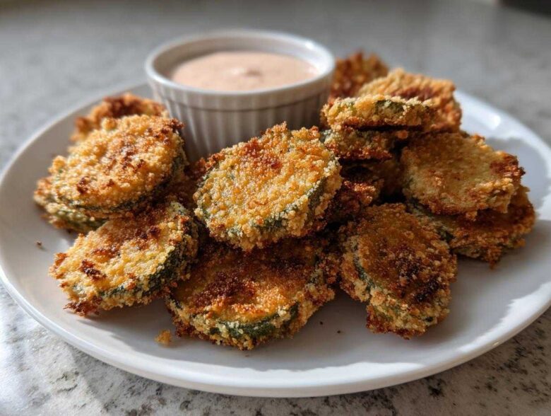 A plate piled high with golden brown, crispy fried pickles served with a small ramekin of creamy dipping sauce.