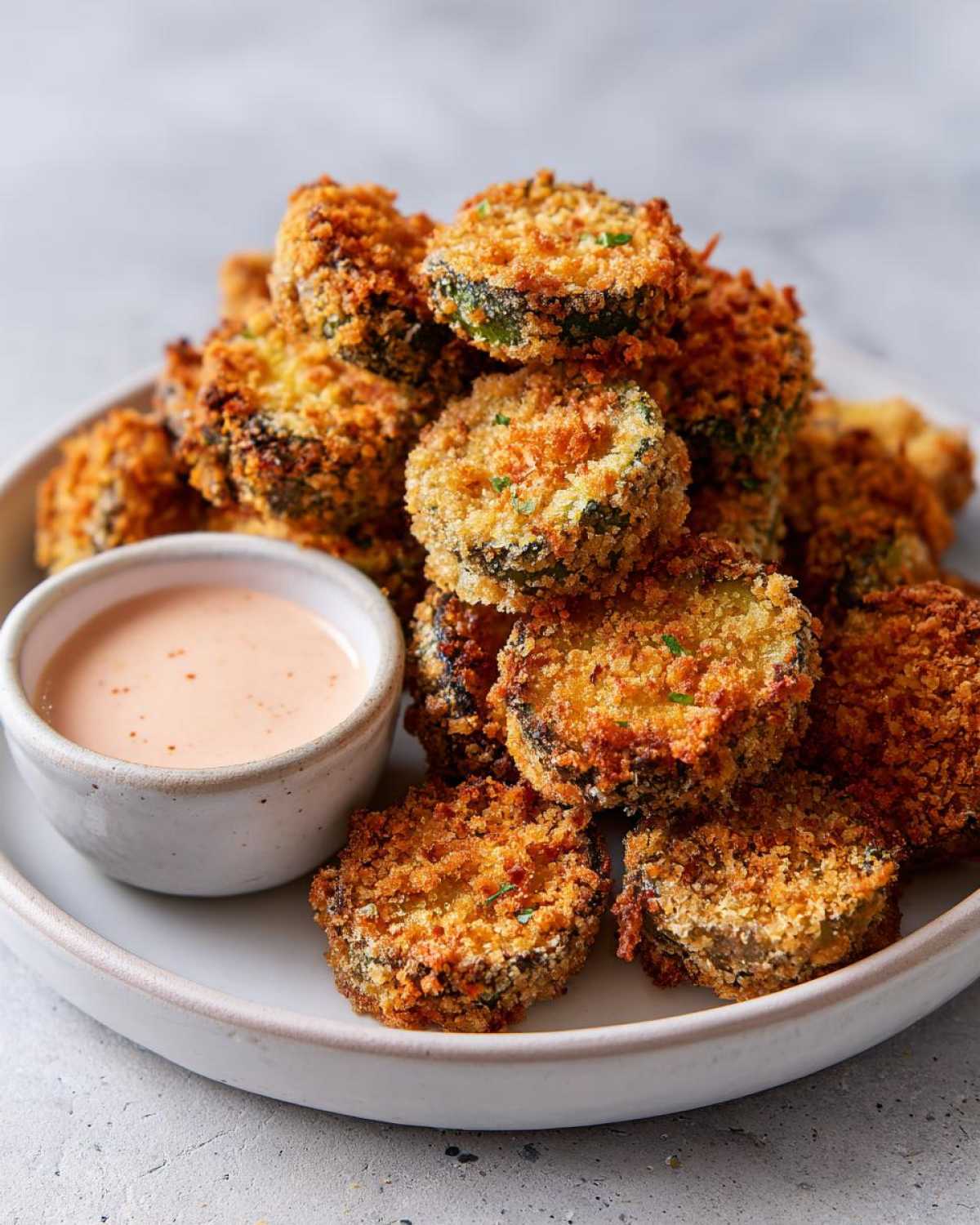 A pile of golden brown, crispy Fried Pickles served on a white plate next to a small bowl of creamy dipping sauce.