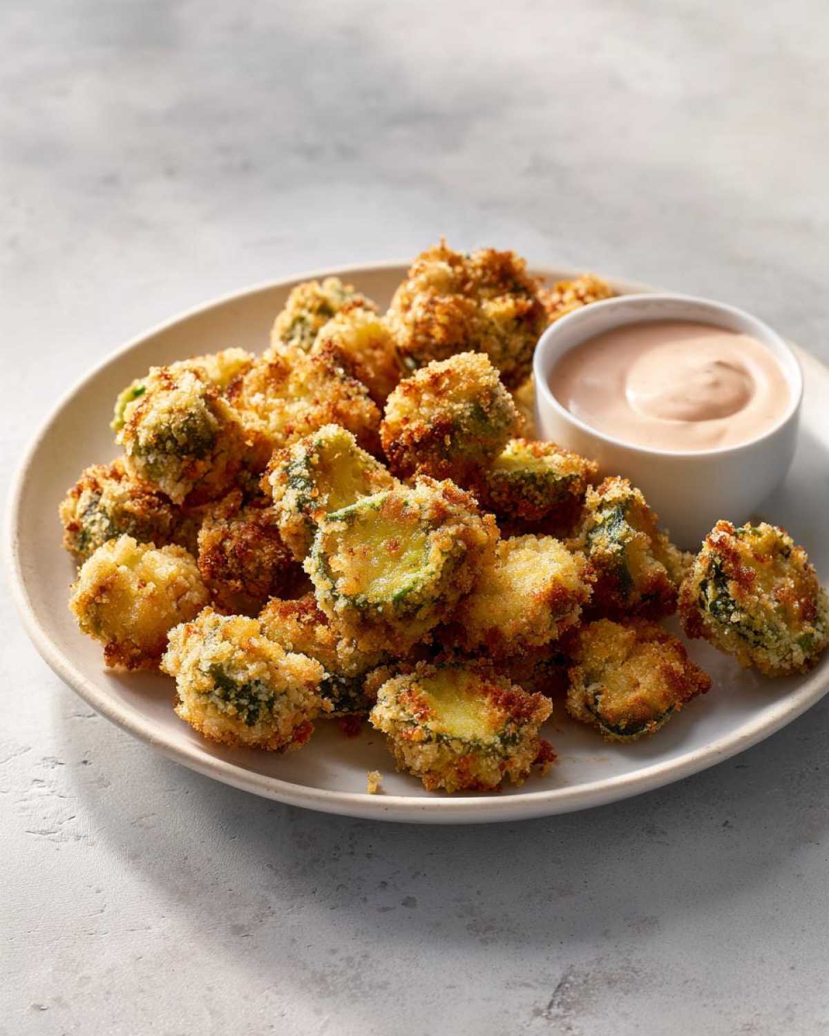 A plate piled high with golden brown, crispy Fried Pickles served alongside a small bowl of pinkish dipping sauce.