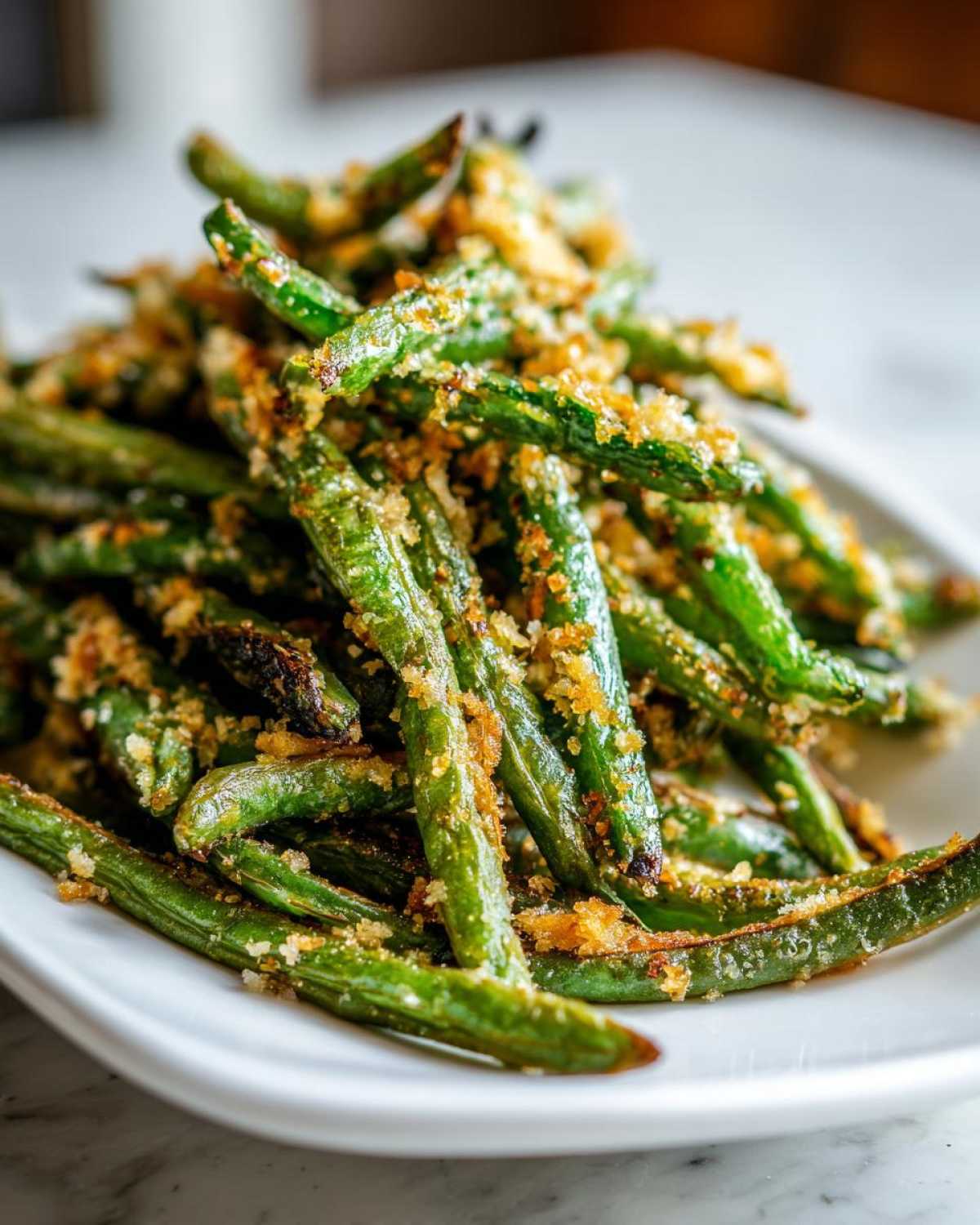 Close-up of bright green beans topped with crispy, golden breadcrumbs.