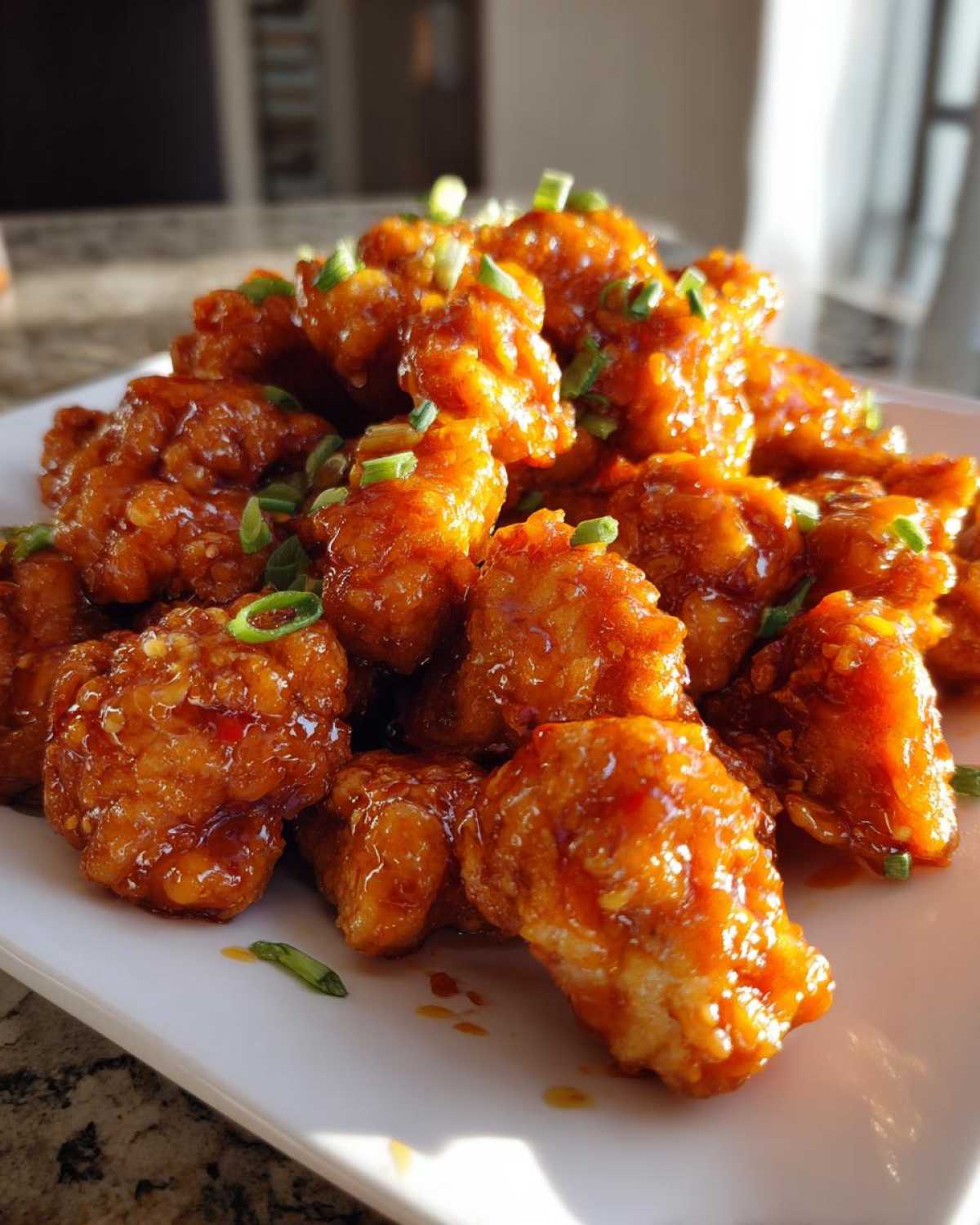 A close-up of crispy pieces of orange chicken recipe coated in a glossy sauce and garnished with sliced green onions.