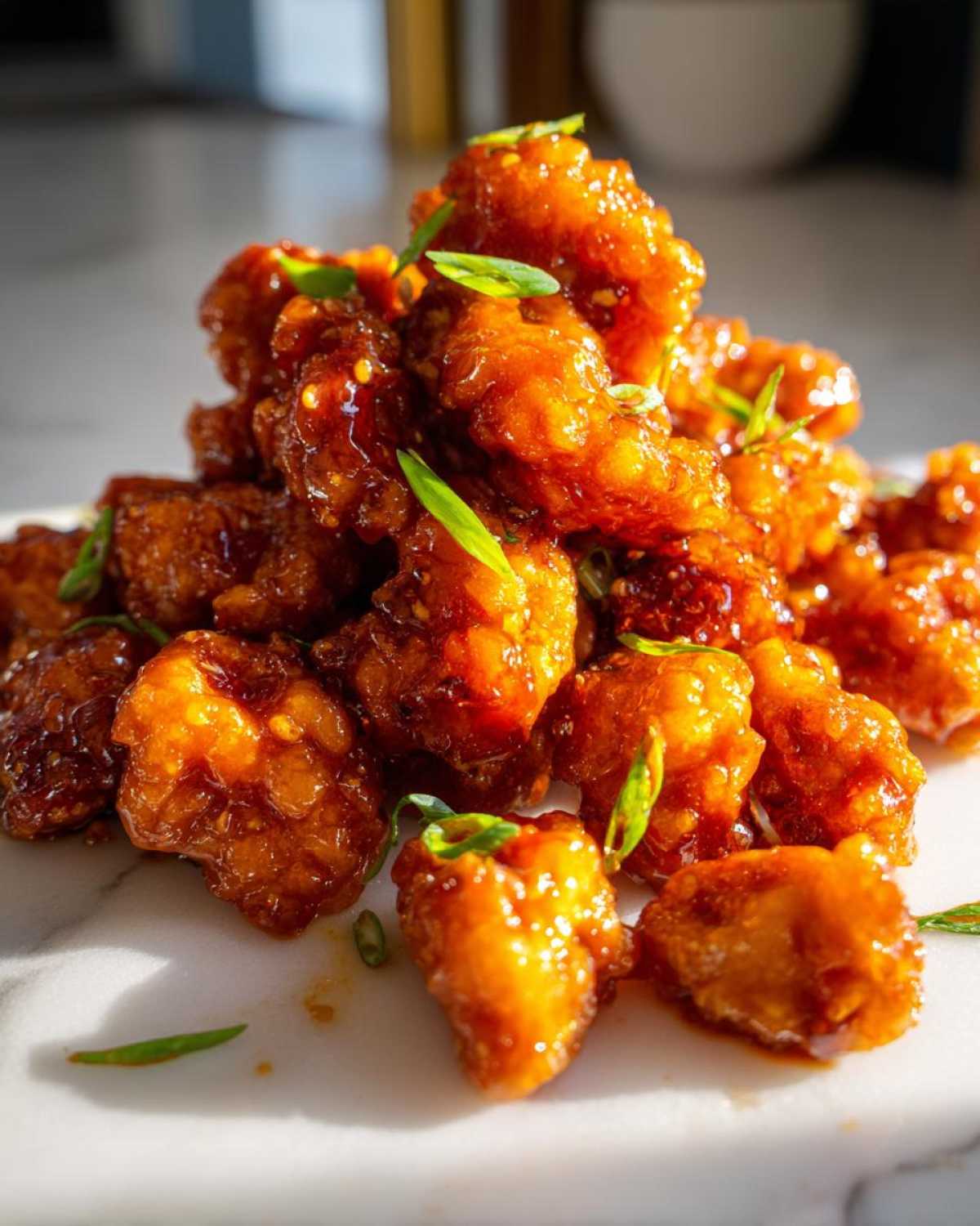 Close-up of crispy, glazed pieces of orange chicken recipe piled on a white surface, garnished with sliced green onions.