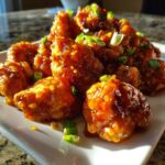 Close-up of crispy pieces of orange chicken recipe coated in a glossy sauce and topped with sliced green onions.