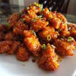 A mound of crispy, glazed orange chicken recipe pieces garnished with sesame seeds and sliced green onions on a white plate.