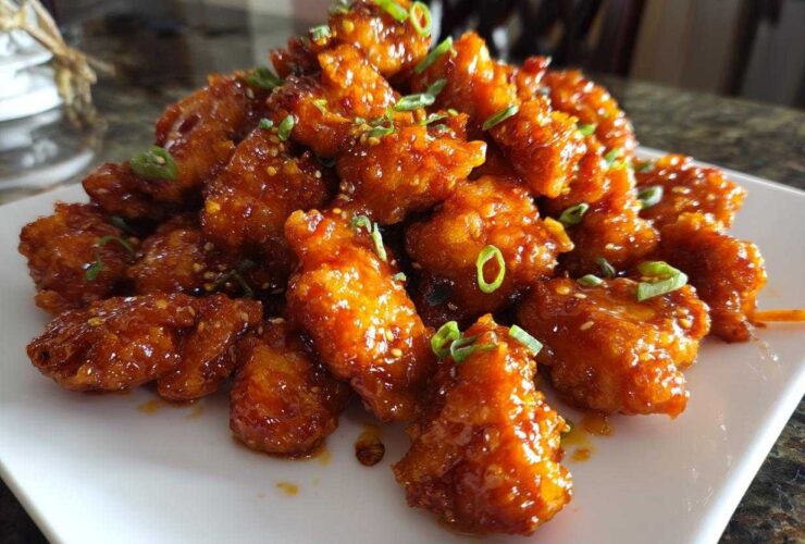 A mound of crispy, glazed orange chicken recipe pieces garnished with sesame seeds and sliced green onions on a white plate.