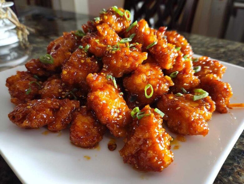 A mound of crispy, glazed orange chicken recipe pieces garnished with sesame seeds and sliced green onions on a white plate.