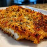 Close-up of a perfectly cooked, golden brown parmesan crusted chicken fillet showing a juicy white interior.