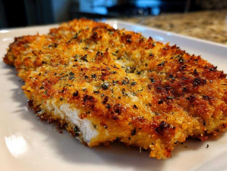 Close-up of a perfectly cooked, golden brown parmesan crusted chicken fillet showing a juicy white interior.
