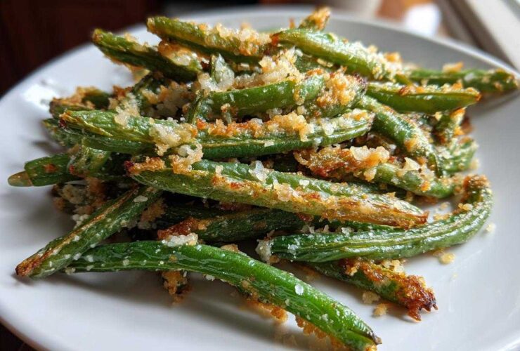 A close-up of crispy, roasted green beans topped with golden parmesan breadcrumbs.