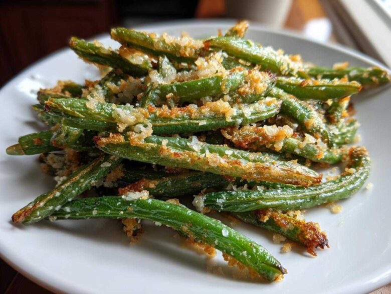 A close-up of crispy, roasted green beans topped with golden parmesan breadcrumbs.