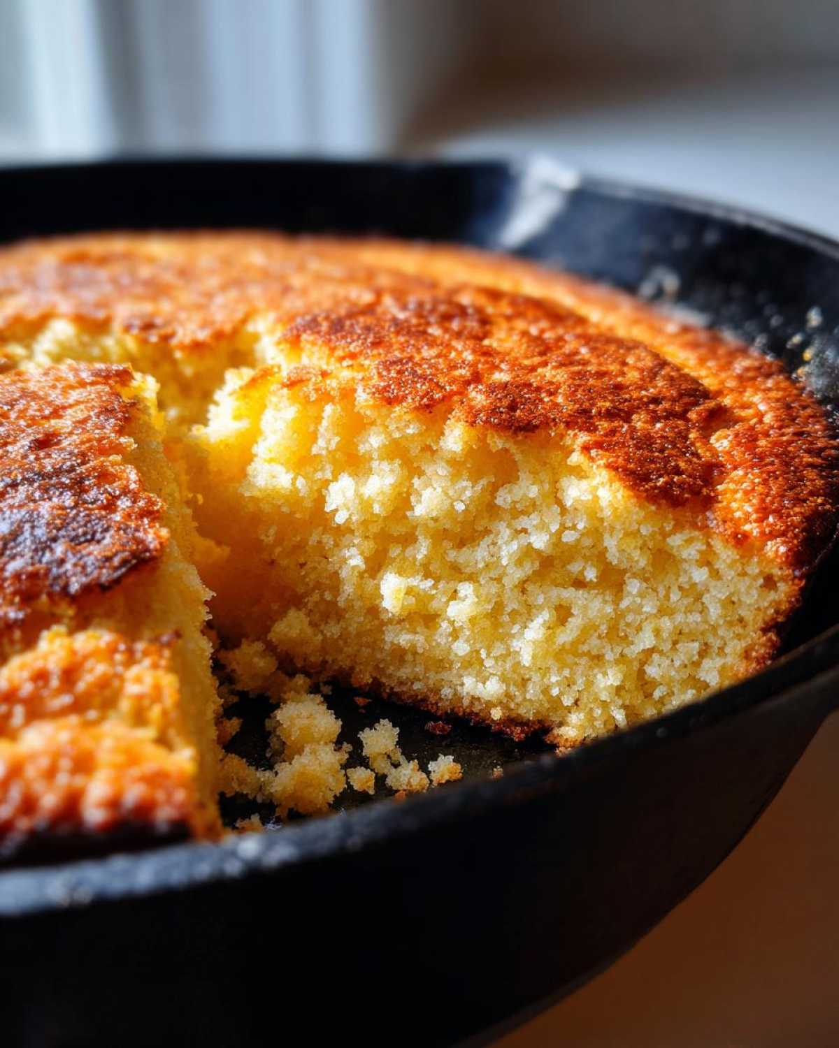 A close-up view of freshly baked skillet cornbread showing its crumb texture and dark, crispy edges.